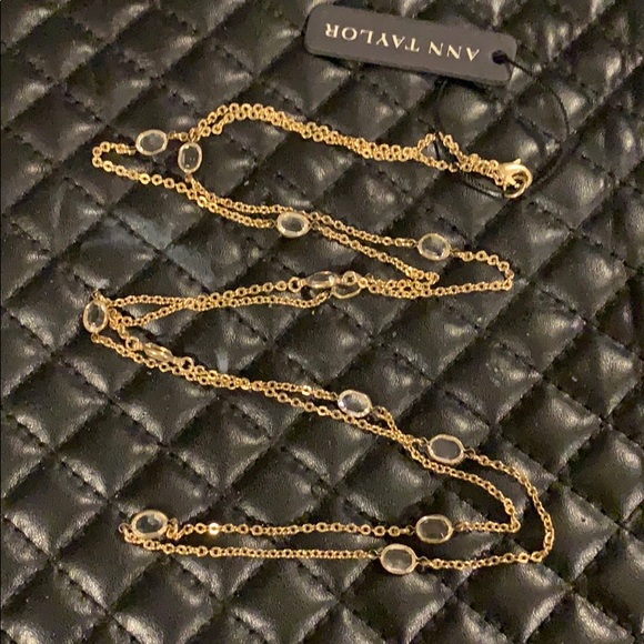 NWT Ann Taylor Gold Bezel Crystal Station Long Chain Necklace - Picture 2 of 5